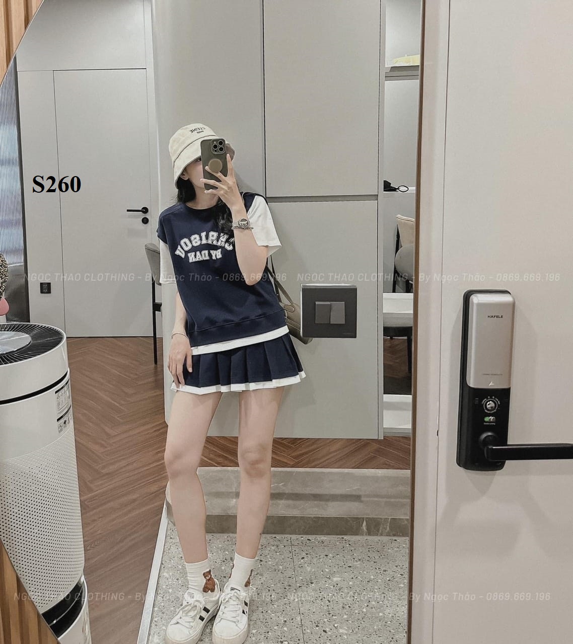 Set chân váy xếp ly phối xanh đen