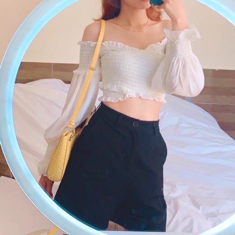 Áo Croptop Nhún Đắp Chéo Tay Dài A5033