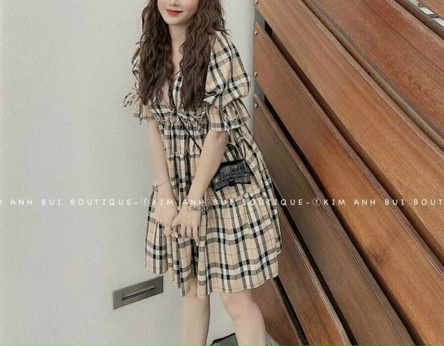 Đầm babydoll caro cổ V tay lỡ #dambabydollcaro
