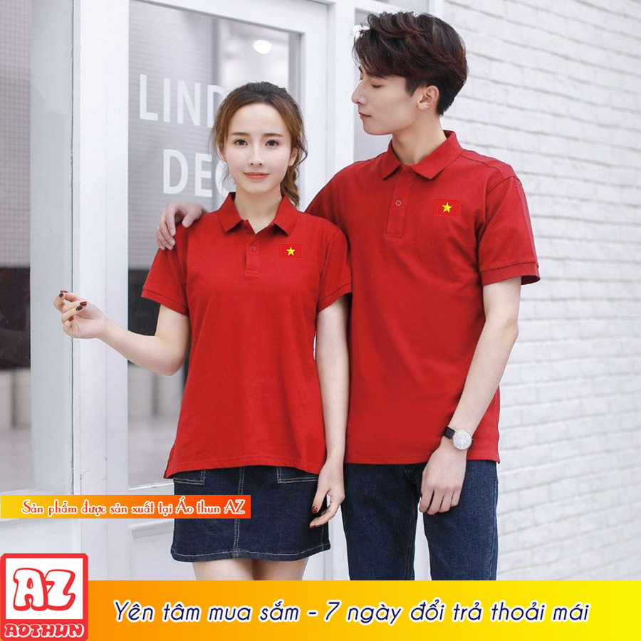Áo thun polo nam nữ màu đỏ tươi thêu logo cờ đỏ sao vàng Việt Nam AT41
