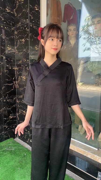 Đồ lam đi chùa #bộ lụa pháp trơn 1 nút# quần áo nữ