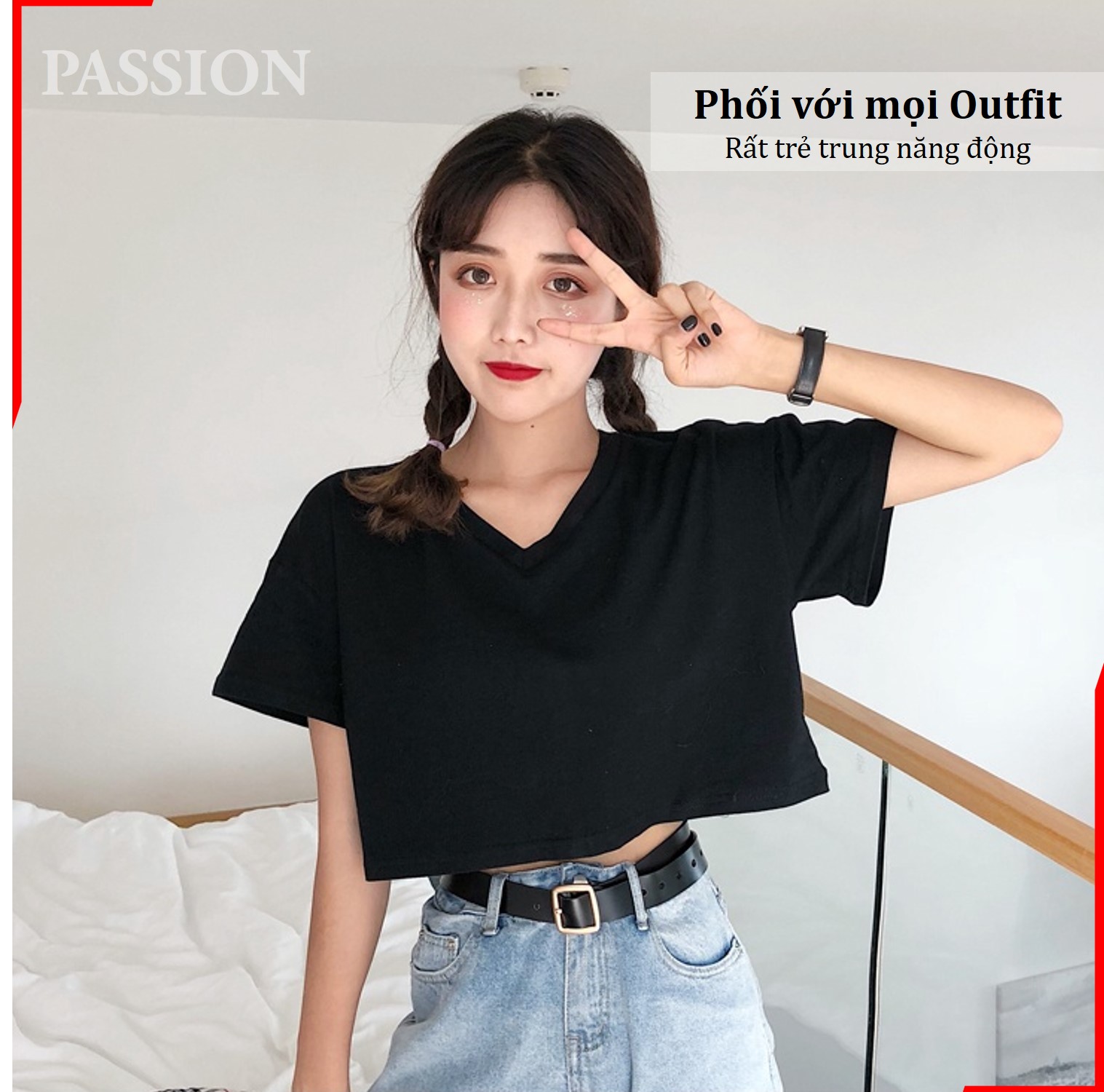 Áo thun croptop form rộng cổ tim PASSION kiểu dáng Ulzzang form rộng, croptop form rộng cổ chữ V