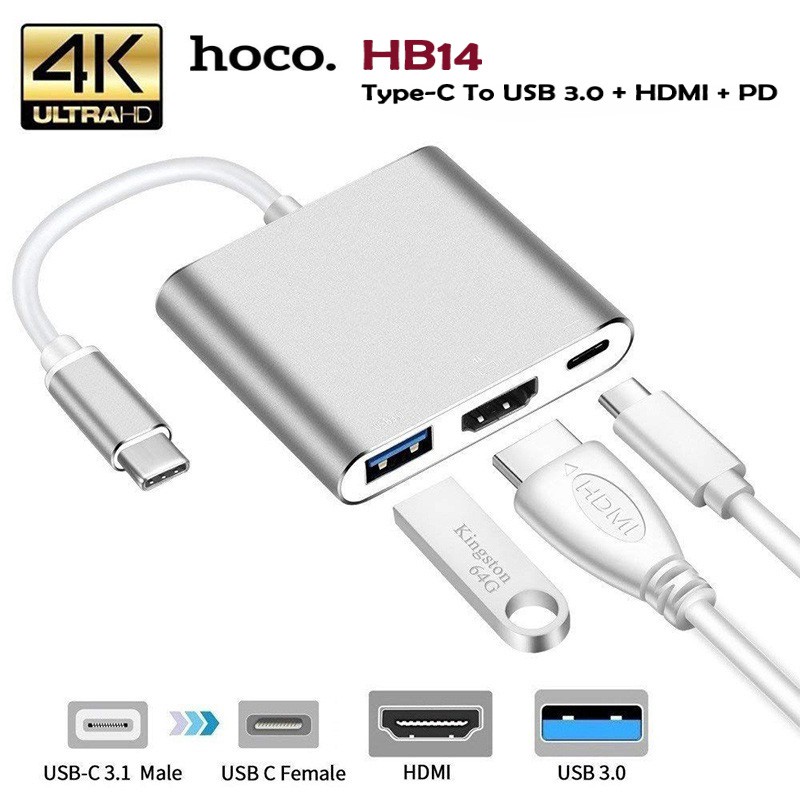 Cáp Chuyển Hoco HB14 Cổng Type-C Ra 3 Cổng HDMi + Type-C + Usb 3.0