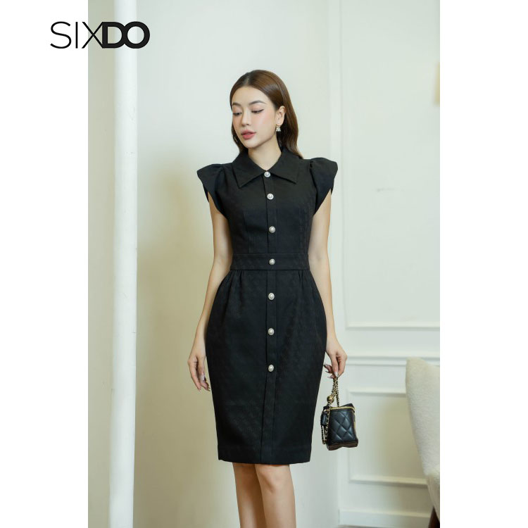 Đầm đen cổ sơ mi tay hến SIXDO (Black Cap Sleeves Mini Raw Dress)