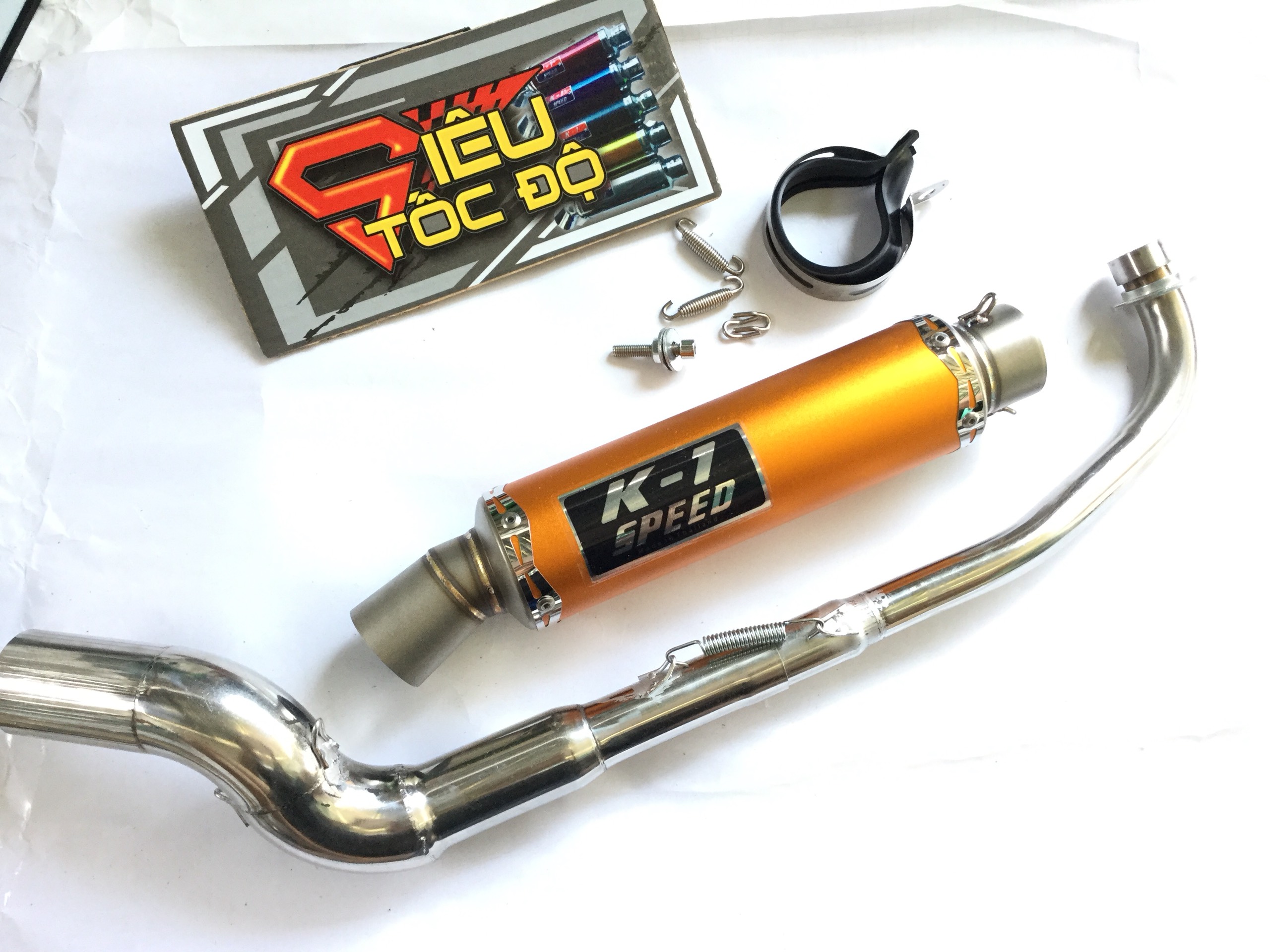 Pô k1 cam hàng xịn full pass treo lò xo bao gồm cả cổ cong gắn lon pô độ cho xe wave 50 - 100, cup, dream, 67, axelo, exciter 50cc,....