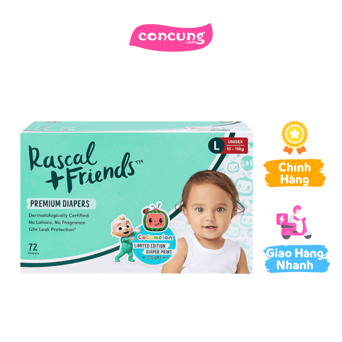 Thùng Tã dán Rascal+Friend Cocomelon (L,10-15kg, 72 miếng)