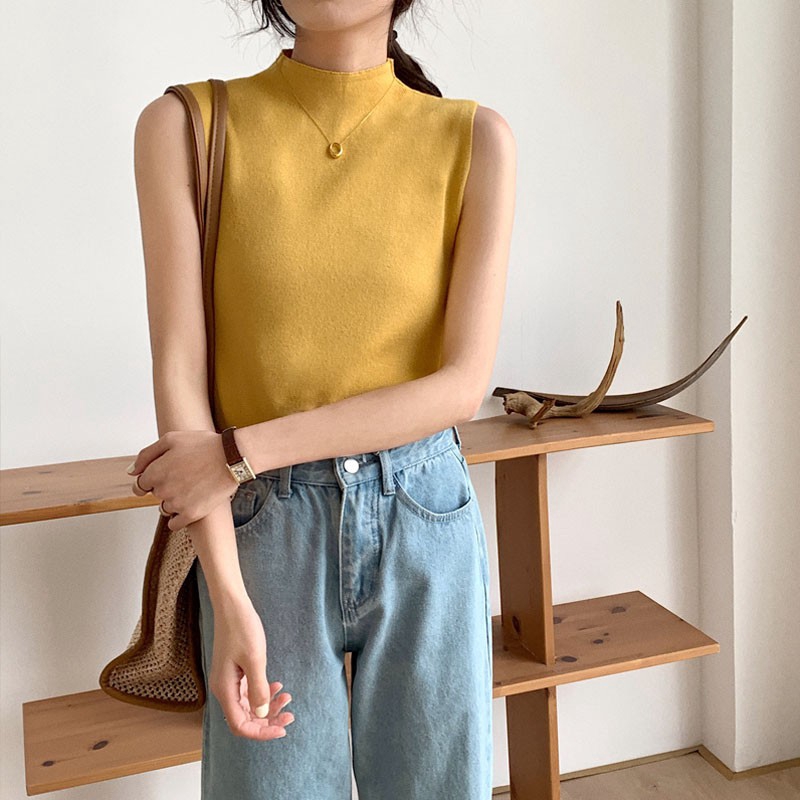 Áo dệt kim sát nách cổ lọ màu trơn thời trang cho nữ