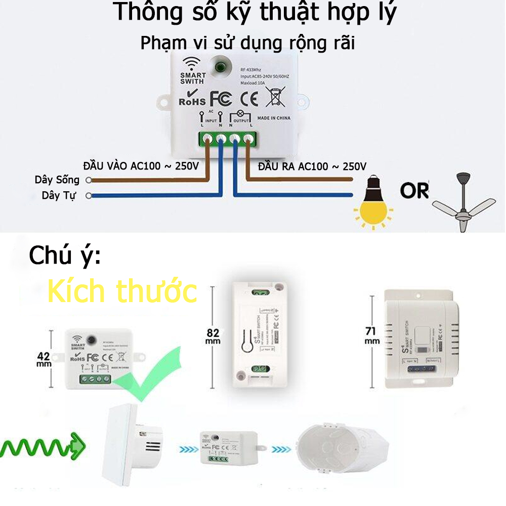 WenQia Công Tắc Đèn Không Dây Mô-đun Mini 110V 220V 230V 10a Bộ Điều Khiển Từ Xa Rf 433MHz Bảng Điều Khiển Gắn Tường Cho Nhà Cửa Đèn LED Bật Tắt