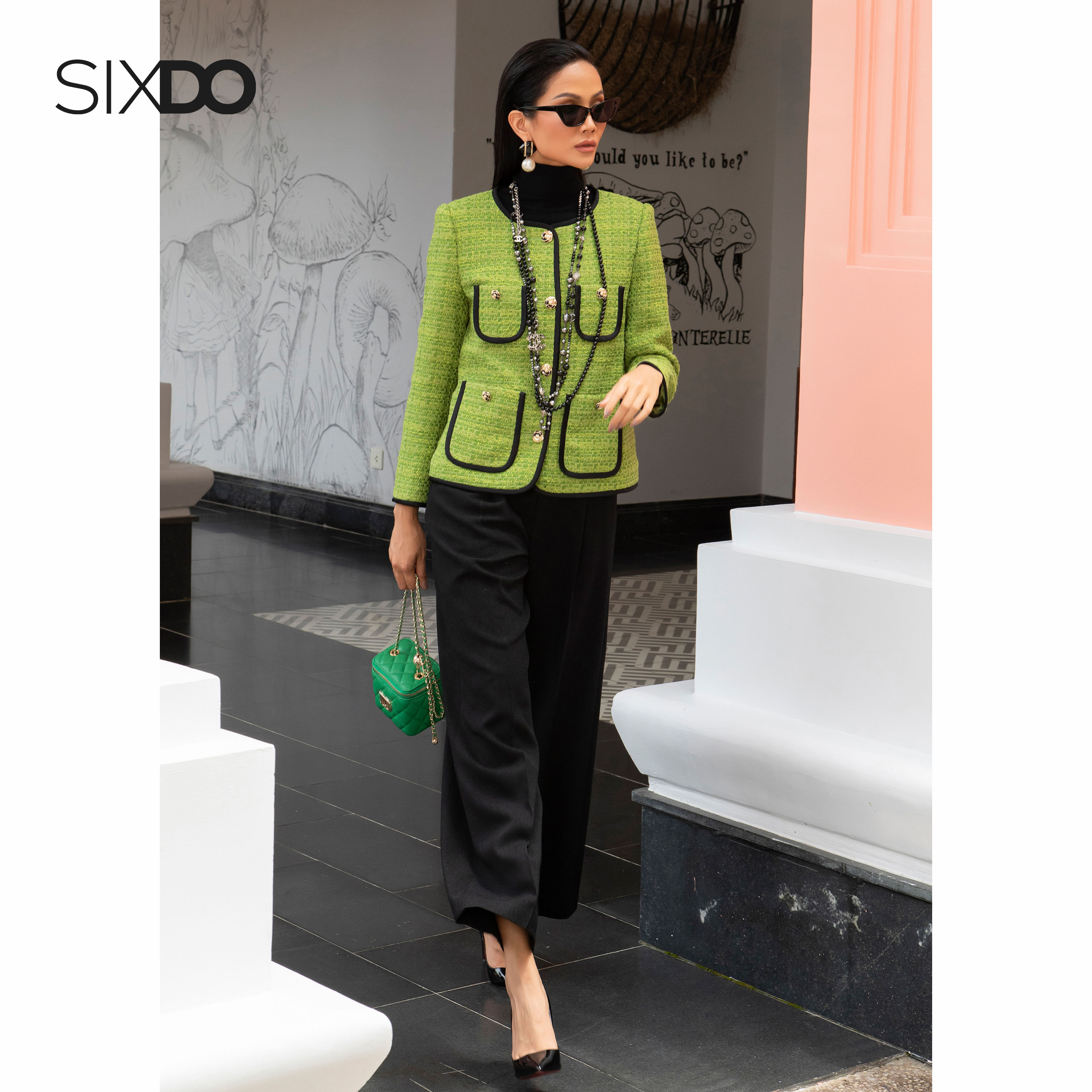 Áo Vest dạ tweed xanh cổ tròn SIXDO