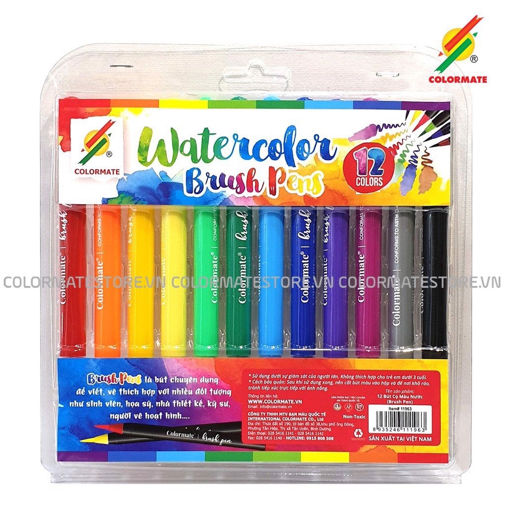 Bút lông màu nước Colormate bộ 12 màu, bút cọ, brush pen, bút lông - Họa cụ Colormate