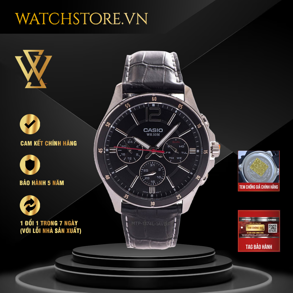 Đồng hồ quartz nam casio chính hãng watchstore mtp-1374l-1avdf thiết kế mặt kính khoáng 43.5mm và dây da bền bỉ sang trọng
