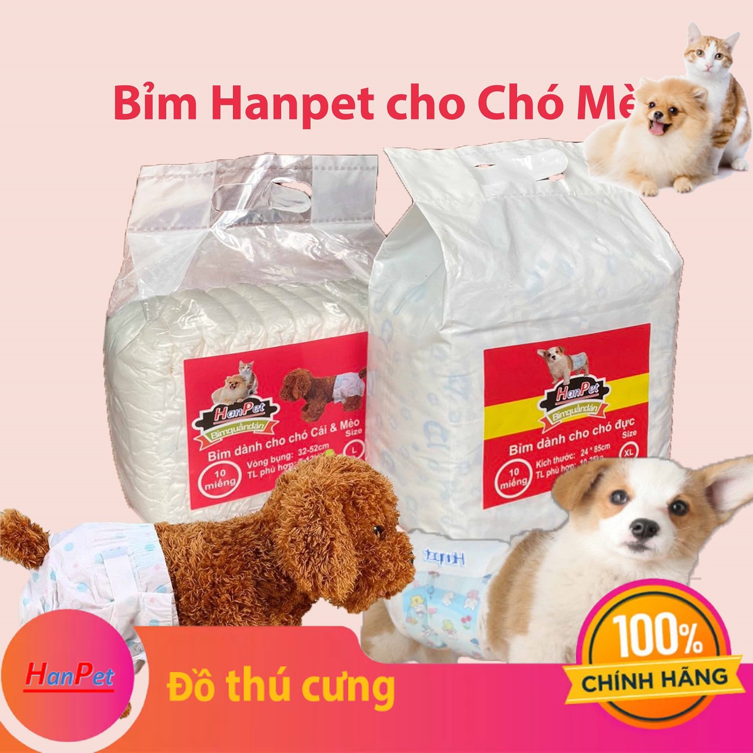 Hanpet - Tã bỉm chó mèo (lẻ 1 miếng) Bỉm quần dạng dán cho chó cái và mèo tã bỉm chó đực