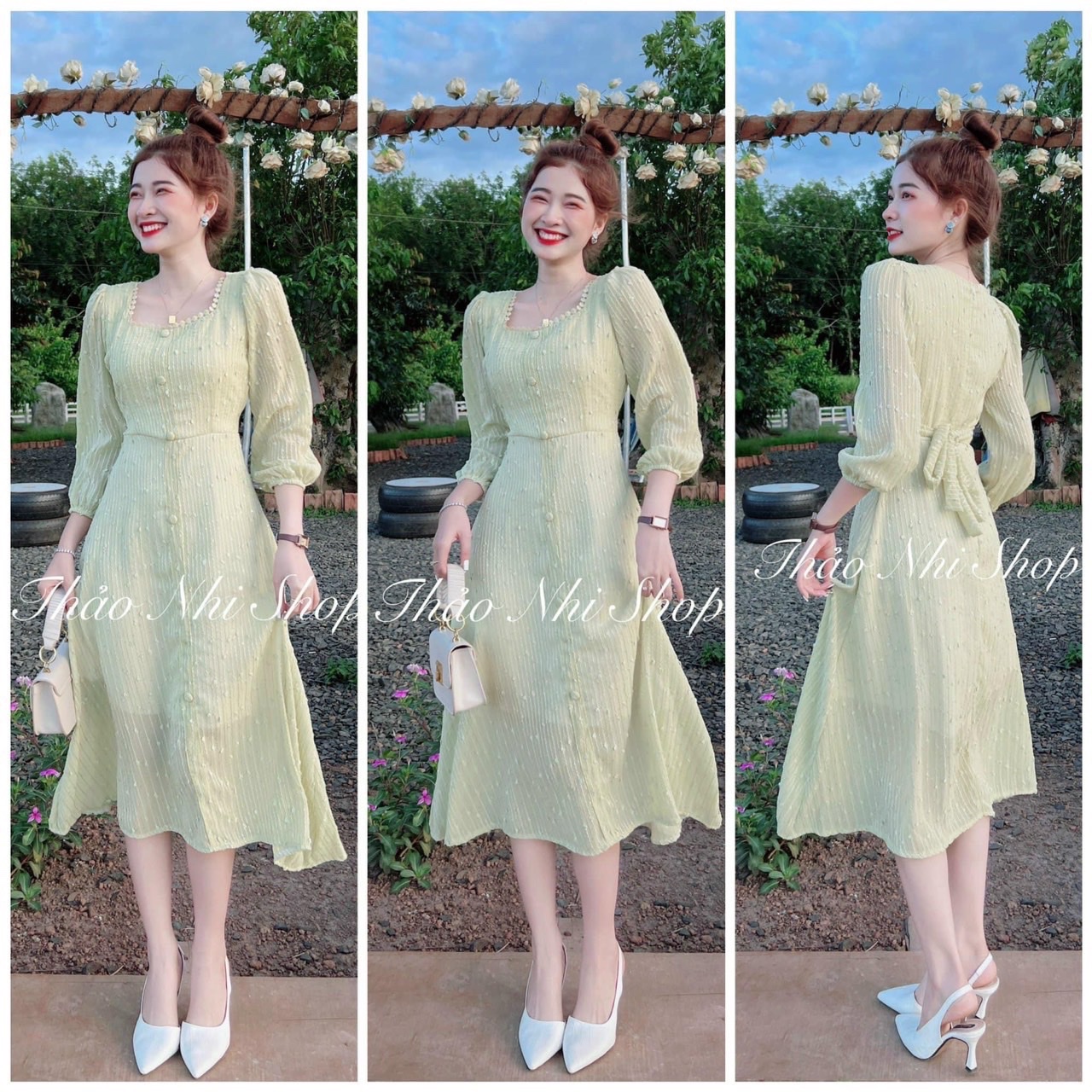 <SALE 9.9> [ SALE ĐẦM CAO CẤP ]ĐẦM MIDI TAY DÀI PHỐI NÚT CỔ VUÔNG SIÊU HOT