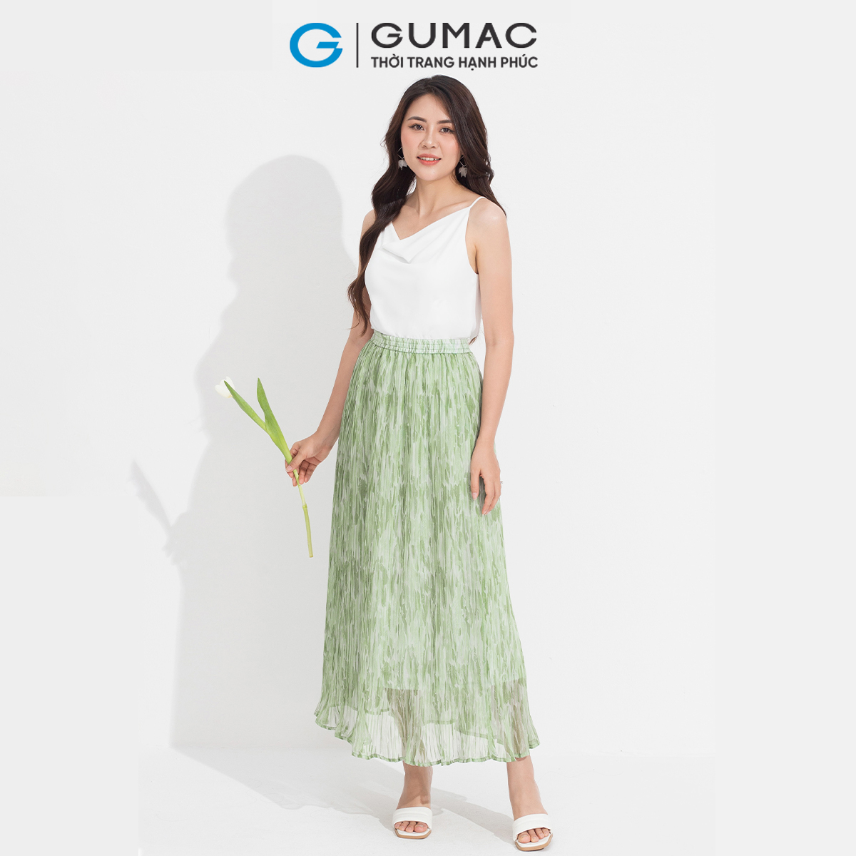 Chân váy tơ dập ly gumac vd05025