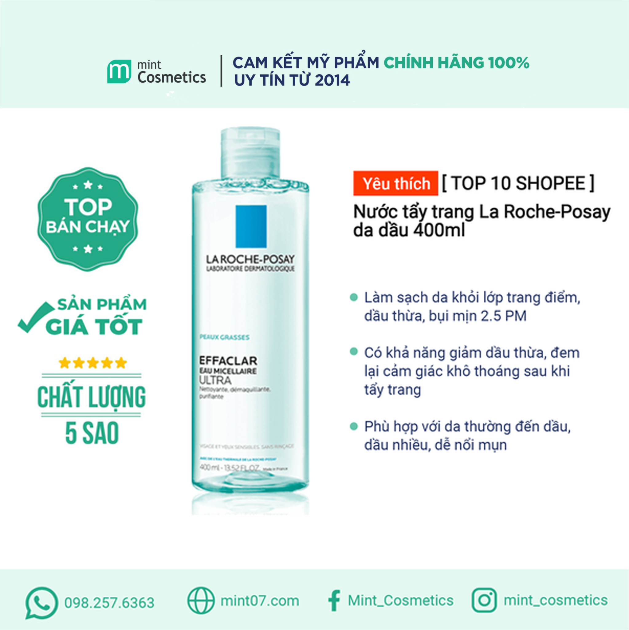 Nước tẩy trang La Roche-Posay Purifying Micellar Water – Da Dầu 200ml/ 400ml