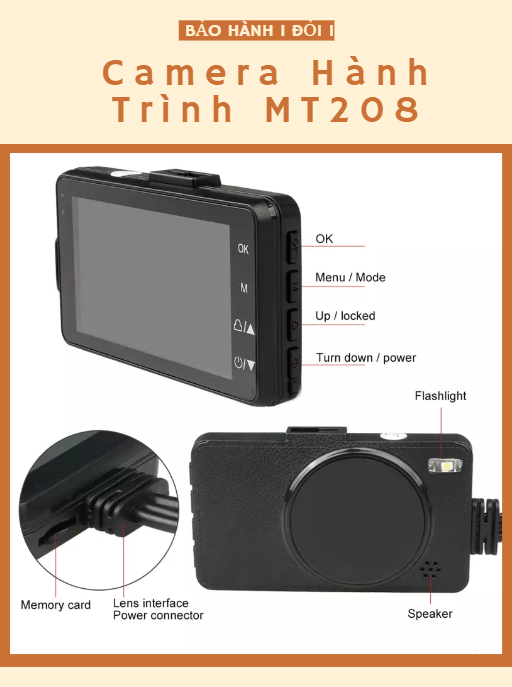 Camera hành trình dành cho xe máy kèm 2 camera sau chống nước cao cấp mt208 - hàng chính hãng