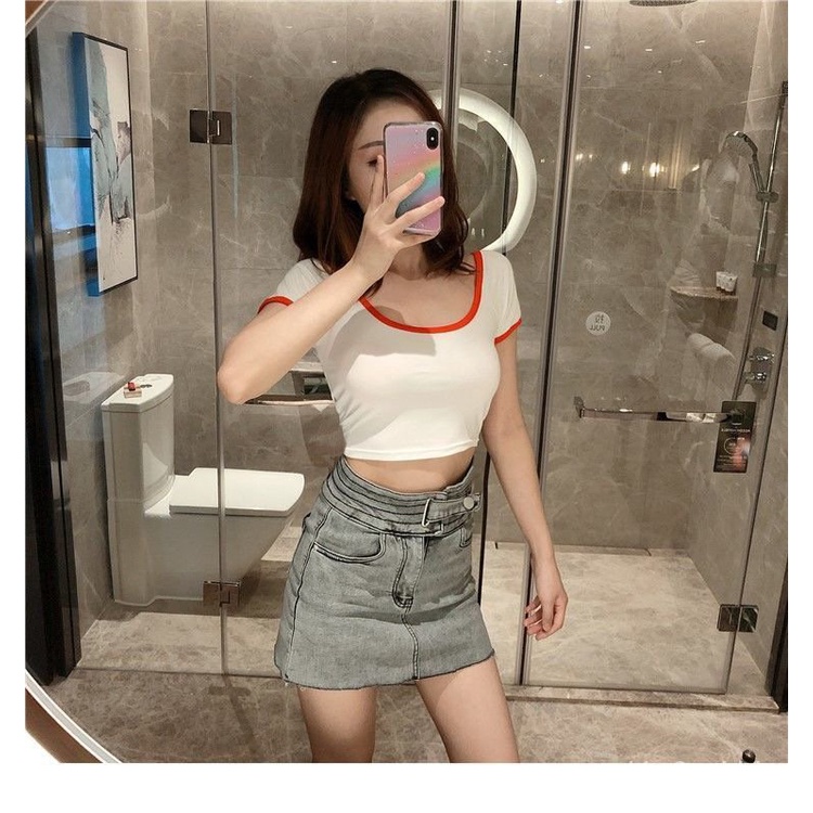 Áo thun nữ croptop phối viền cổ thời trang