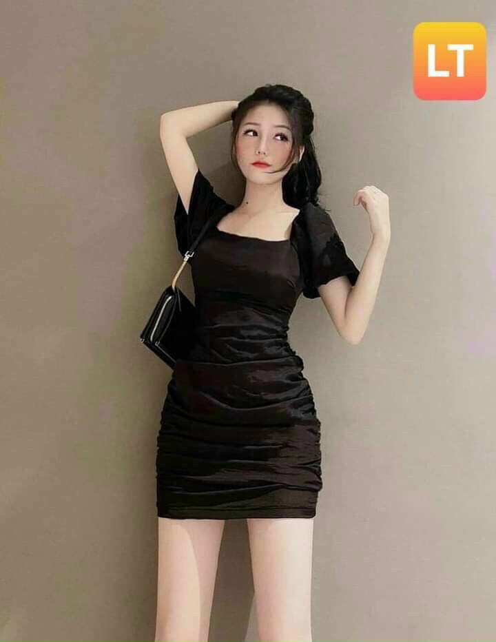 Đầm body cổ vuông tay ngắn nhún hông đan dây lưng
