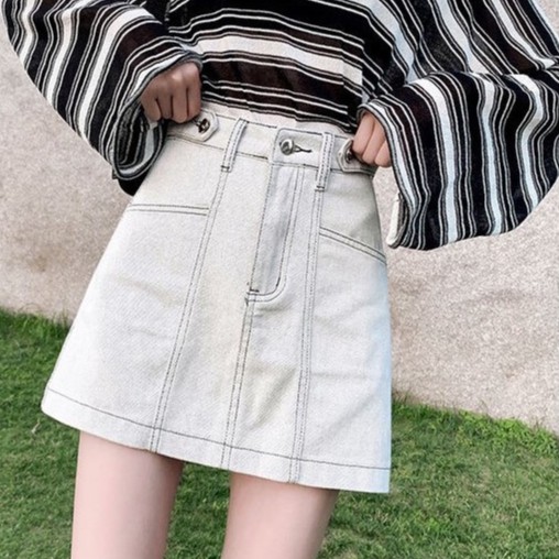 Chân váy jean nữ chữ a kabico chân váy jean bò kaki ngắn cạp cao phong cách đơn giản kèm quần trong v7