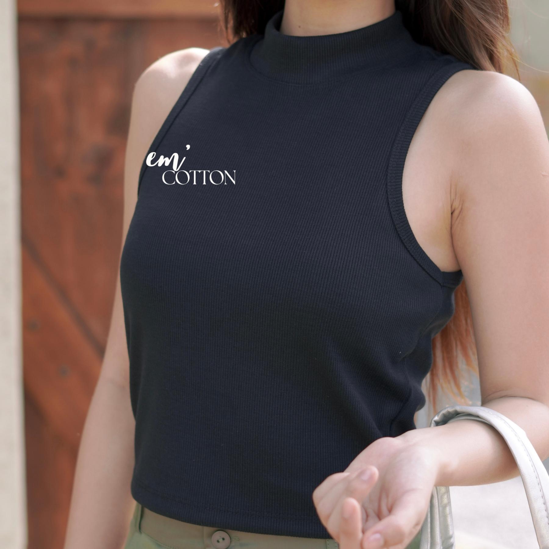 Áo thun gân cotton ba lỗ cổ lọ