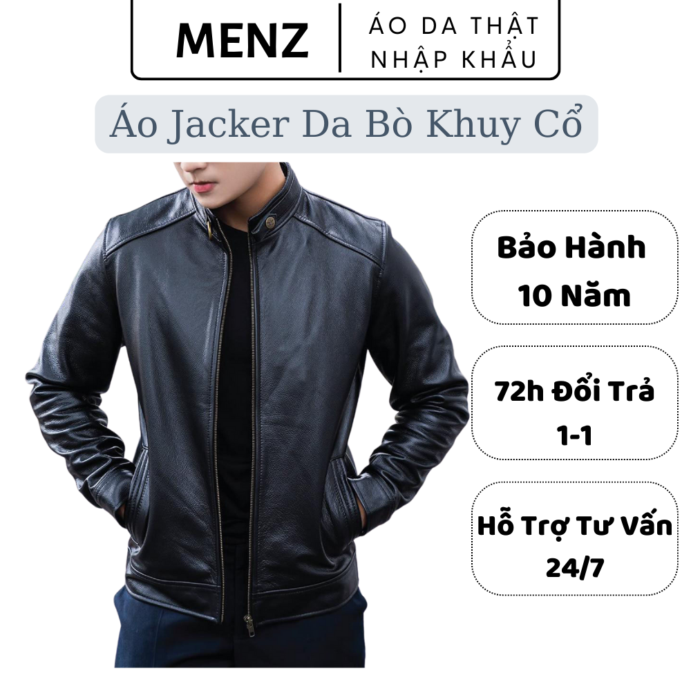 Áo Khoác Nam Da Bò Khuy Cổ, Áo Jacker Da Bò Tấm, Hàng Cao Cấp Thiết Kế Classic Sang Trọng, Da Bò Mềm Dày Dặn, Bảo Hành 10 Năm