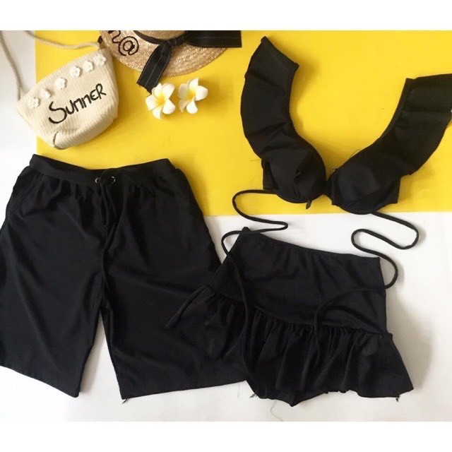 Set bộ bikini 3 món nam nữ cánh tiên đồ bơi cặp đi biển đen trơn đơn giản - os032