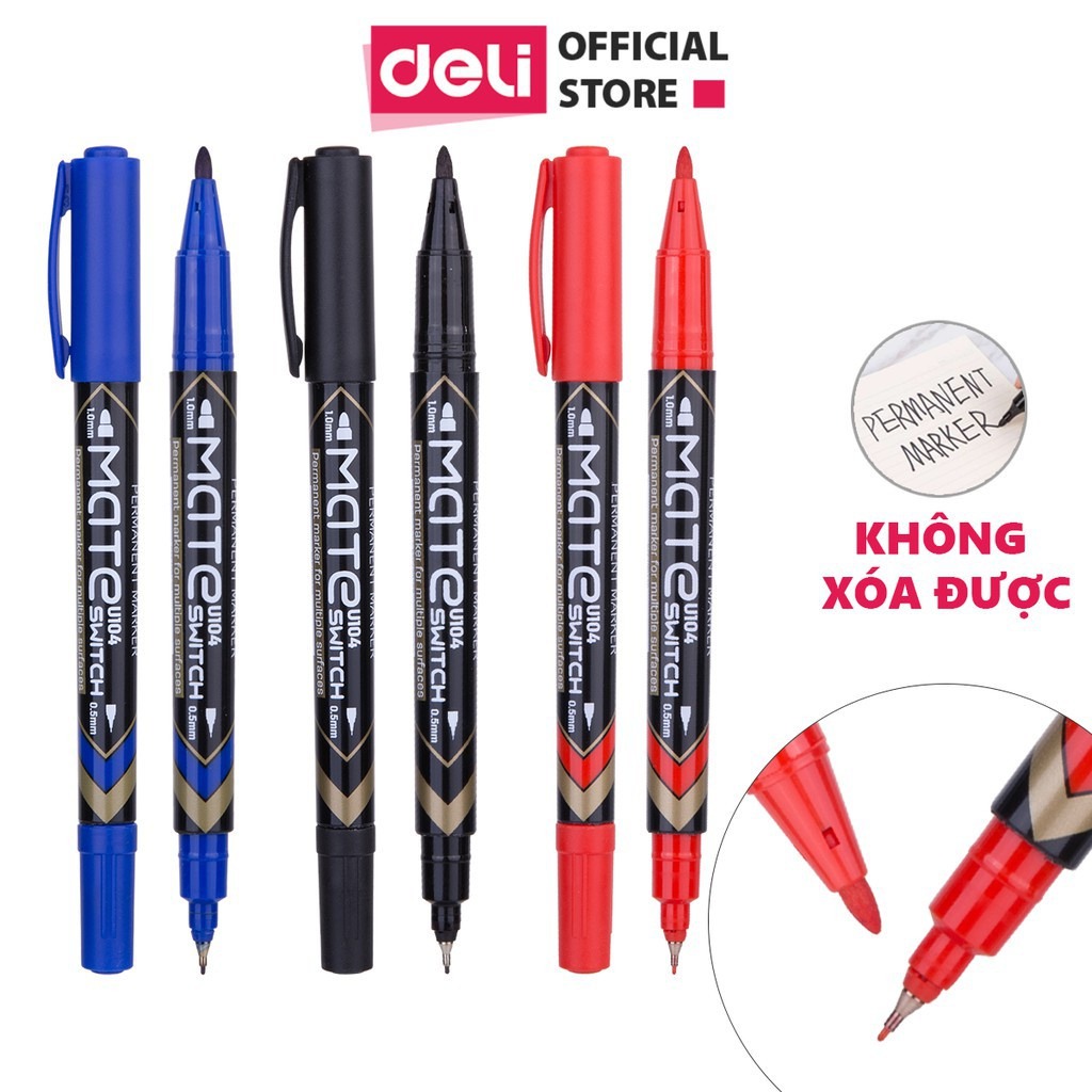 2 CÂY Bút lông dầu ngòi nhỏ Deli U104-Viết êm,trơn-Không xóa được