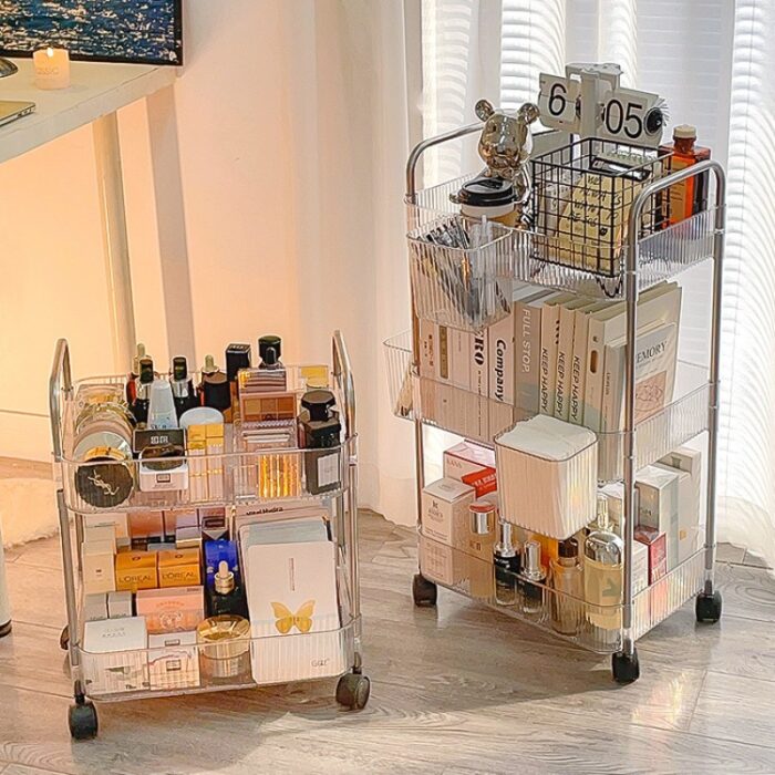 Giá kệ 3 tầng có bánh xe di động đựng đồ dùng nhà tắm, nhà bếp, đồ bỉm sữa cho mẹ và bé, đồ dùng làm nail, spa thiết kế các khay đựng bằng nhựa màu trong, khung inox chịu lực tốt