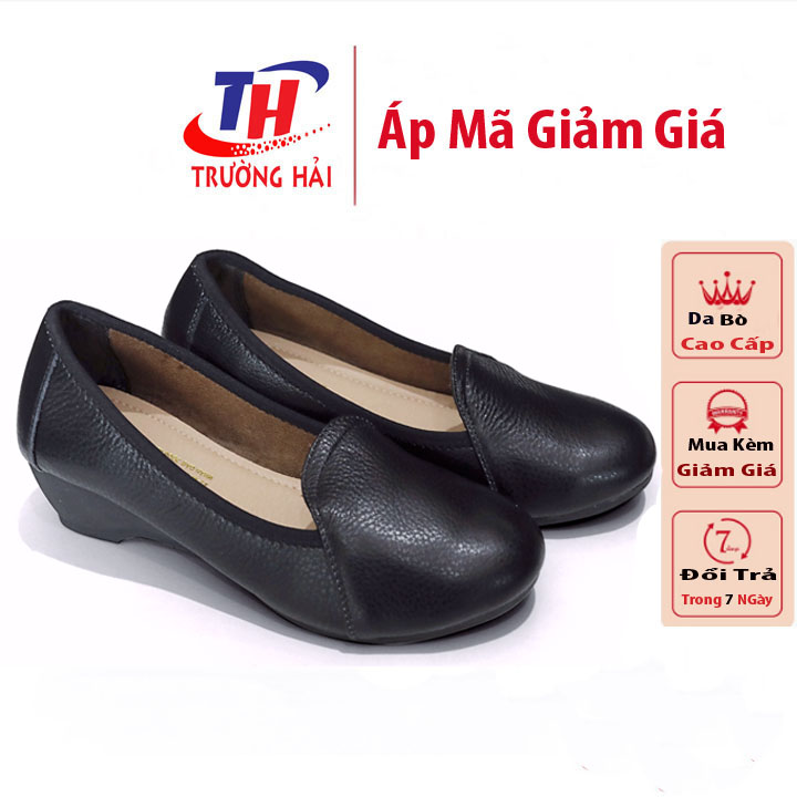 Giày đế xuồng nữ 3cm da bò cao cấp màu đen THDX113