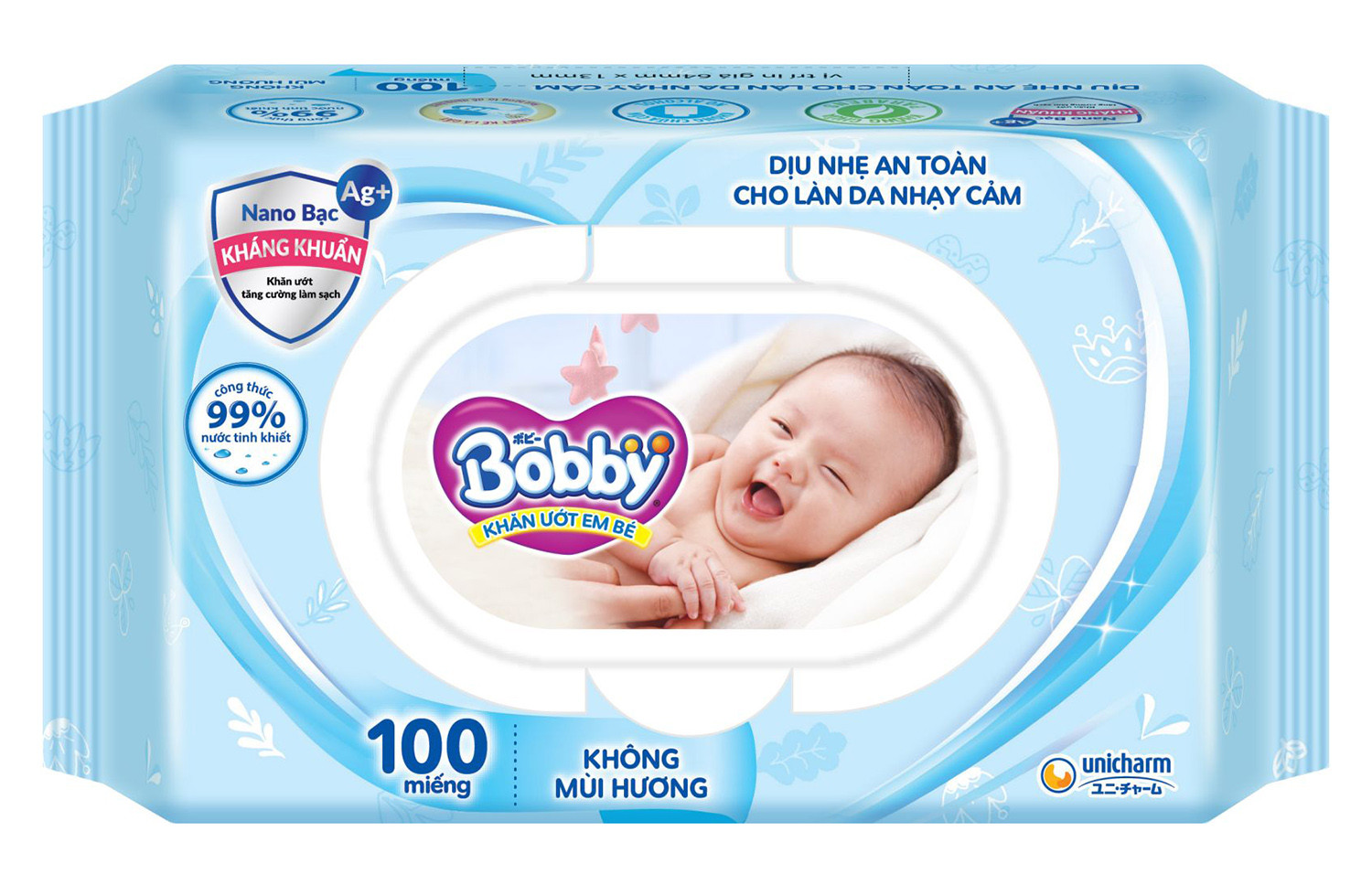 Khăn Giấy Ướt Bobby Gói 100 miếng Không Mùi