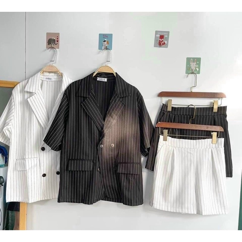 Set blazer kẻ trắng đen/ set vest sọc/ đồ công sở