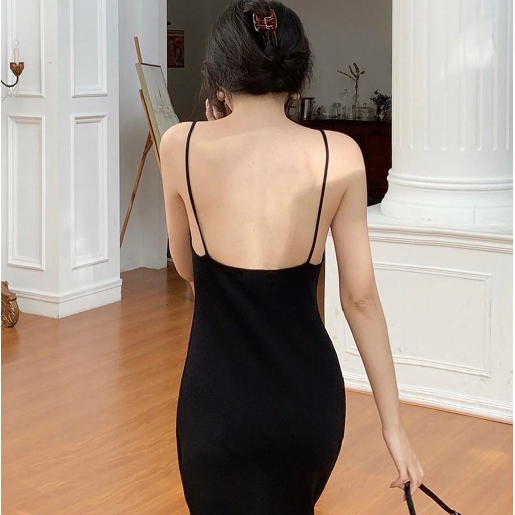 [Ảnh thật] Đầm phi đen 2 dây body cổ thuyền hở lưng