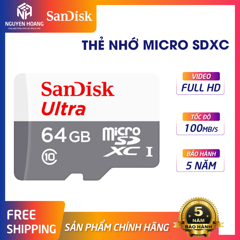 Thẻ nhớ microSDXC Sandisk 64GB upto 100MB/s 533X Ultra - Sản Phẩm Chính Hãng - Bảo Hành 5 Năm