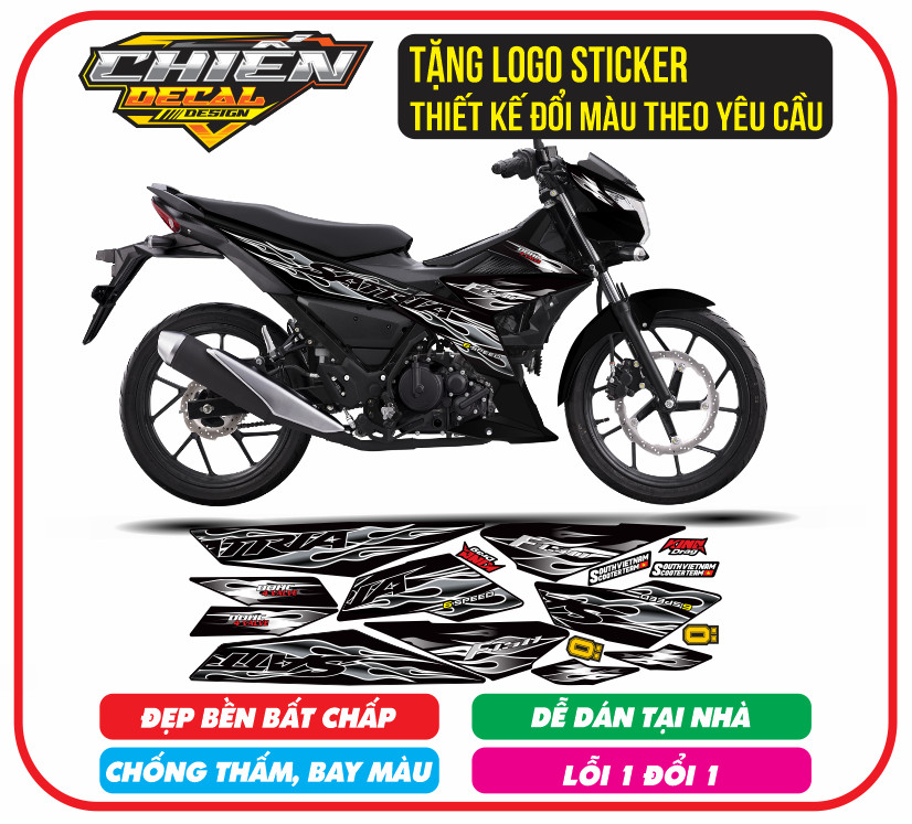 Tem rời xe satria - raider F150 mẫu tem lửa đen bạc ( tem 3 lớp cao cấp)