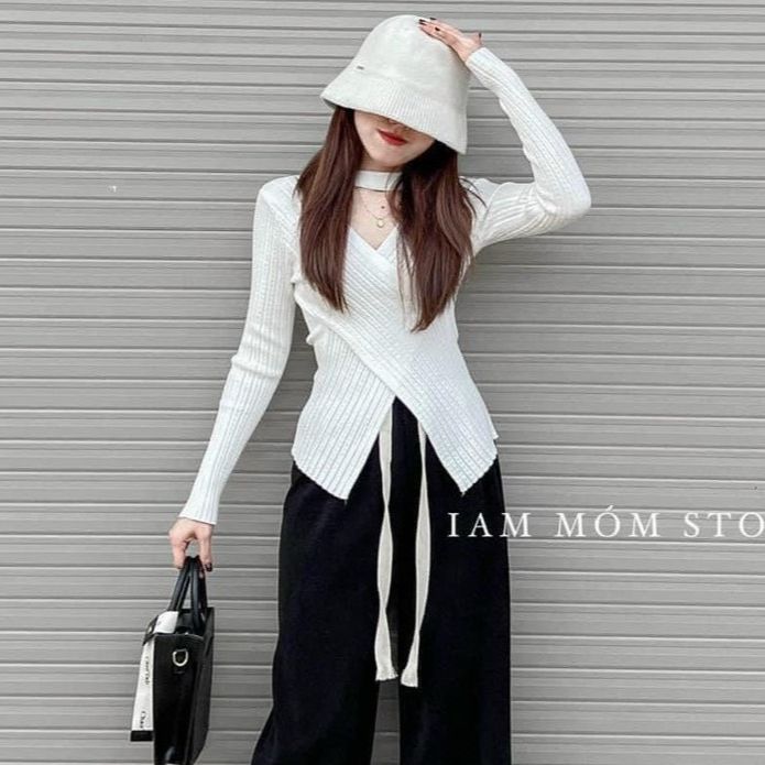 Guuhose Áo len nữ dệt kim dài tay vạt xẻ cổ chocker dáng ôm body nhiều màu