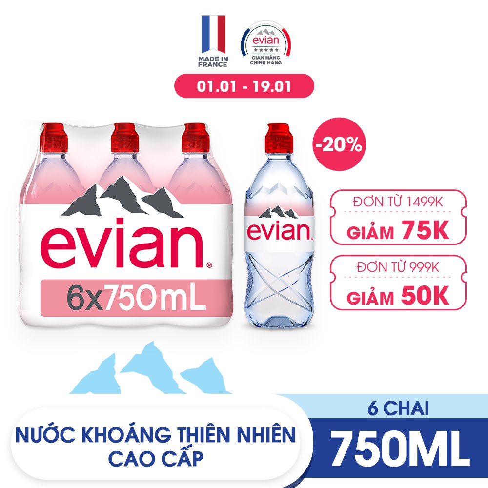 Lốc 6 chai nước khoáng thiên nhiên Evian 750ml 750ml x 6 - Nắp thể thao