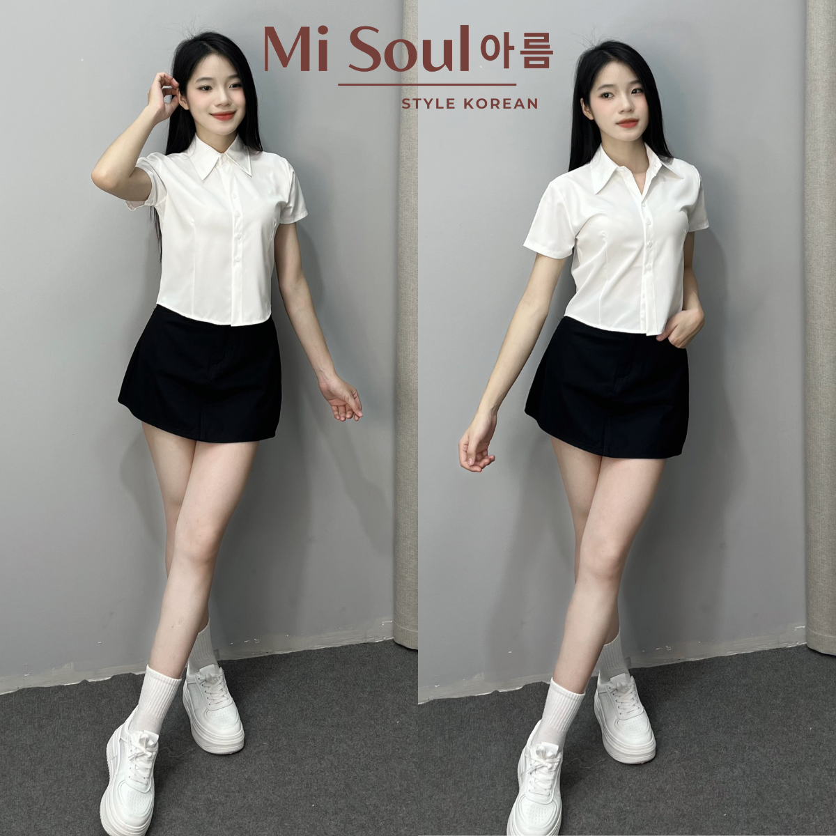 Áo Sơ Mi Croptop Tay Ngắn Misoul, Áo Sơ Mi Trắng Tay Ngắn Chất Liệu Kate Lụa BigSize 1183