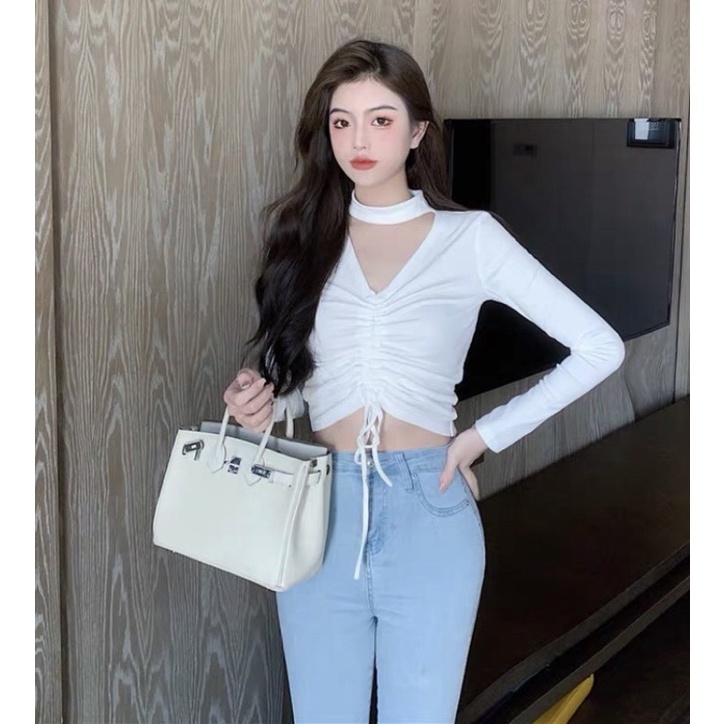 Áo kiểu croptop tay dài cổ tim phối lọ chít dây