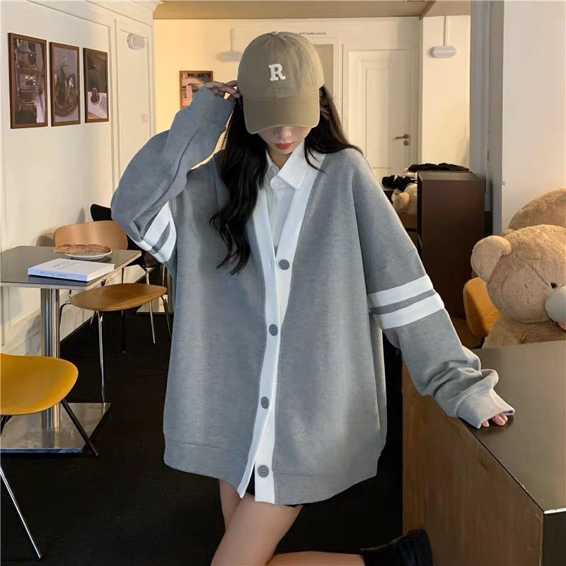 Áo Khoác Cardigan 2 Sọc Tay XÁM ĐEN NÂU Form Rộng Nữ