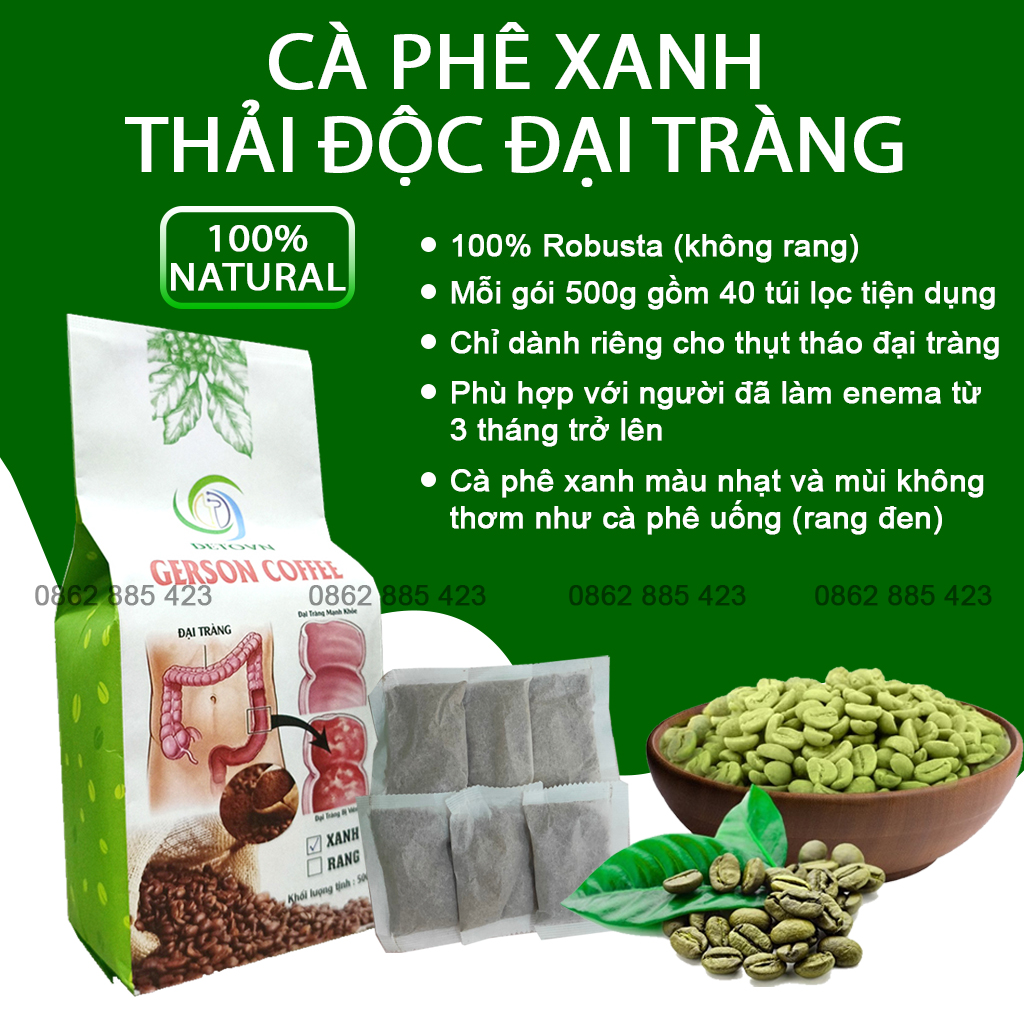 Cà phê xanh thải độc đại tràng, cà phê thải độc (1kg gồm 80 túi lọc), cà phê thụt tháo đại tràng 100% cà phê Robusta mộc (chưa rang) Gerson Coffe