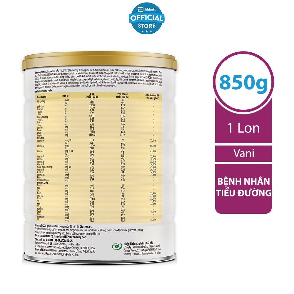 Lon sữa bột Glucerna 850g hương Vani