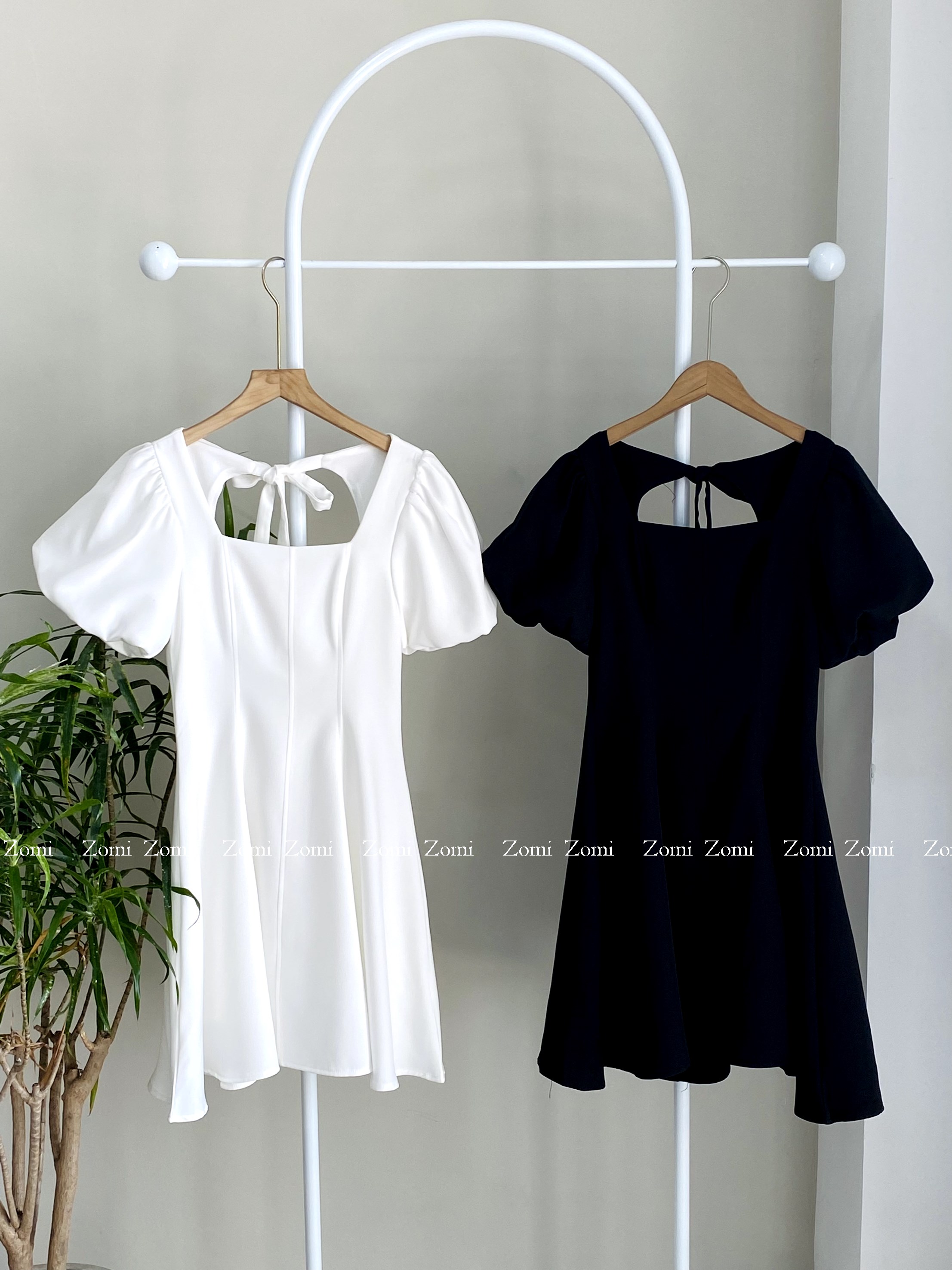Đầm dự tiệc tay phồng cột nơ lưng dáng xòe