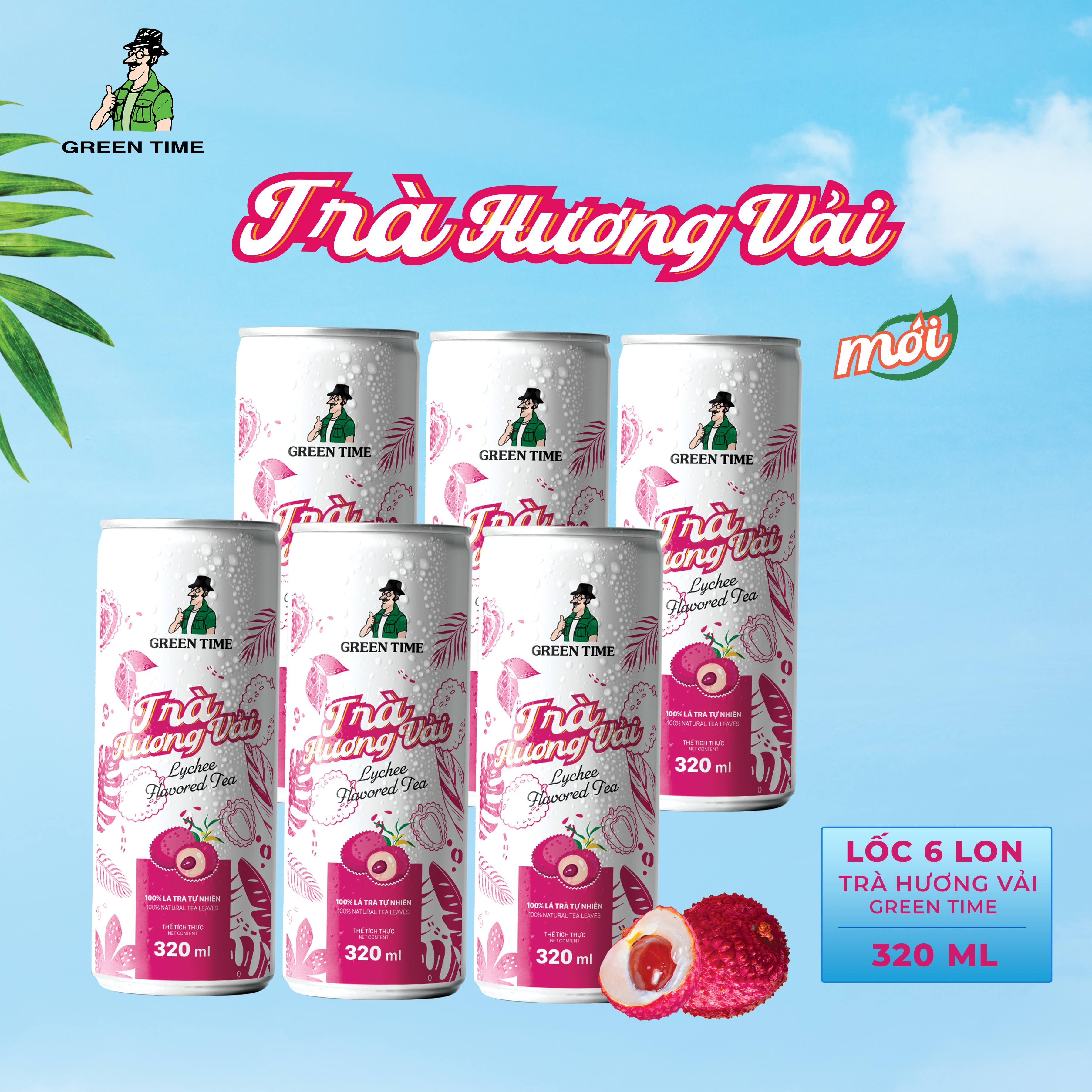 Lốc 6 lon Trà Hương Vải Green Time (320ml)