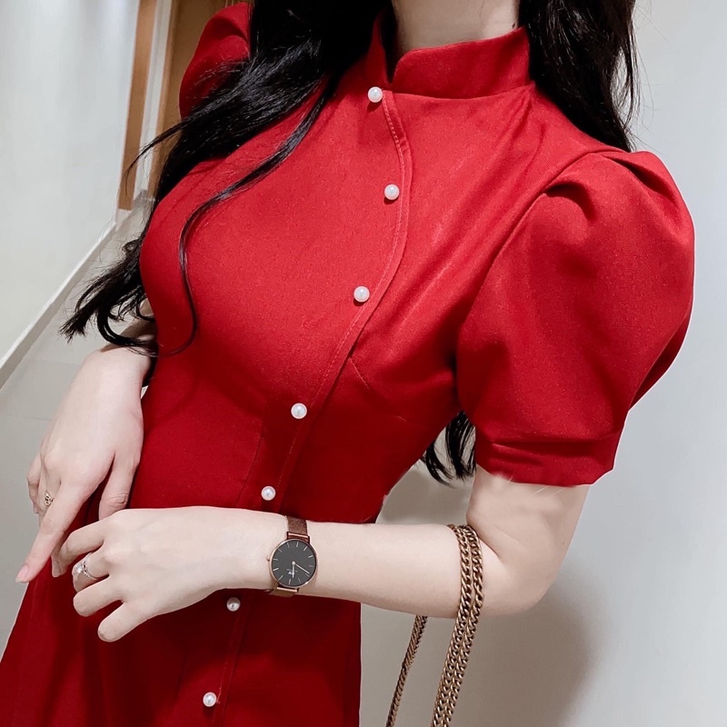 ĐẦM ĐỎ, CỔ ÁO DÀI, NÚT NGỌC (có ảnh thật) MS114