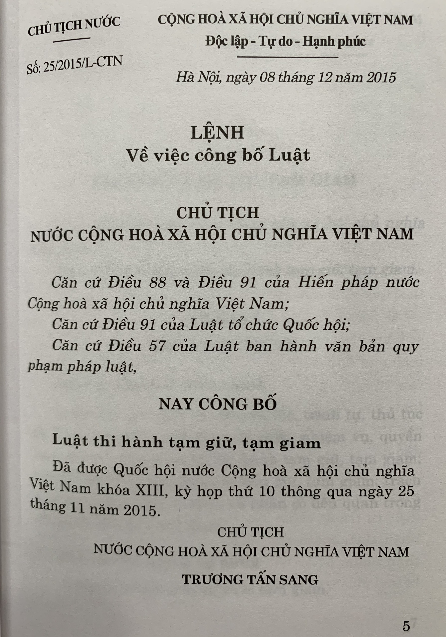 Luật Thi Hành Tạm Giữ , Tạm Giam (Hiện Hành)