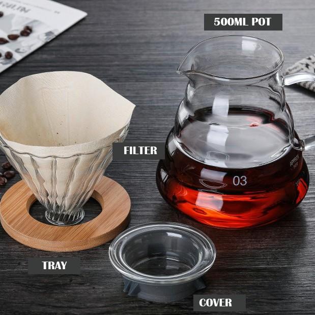 Phễu V60 thủy tinh đế gỗ pha cà phê Pour Over