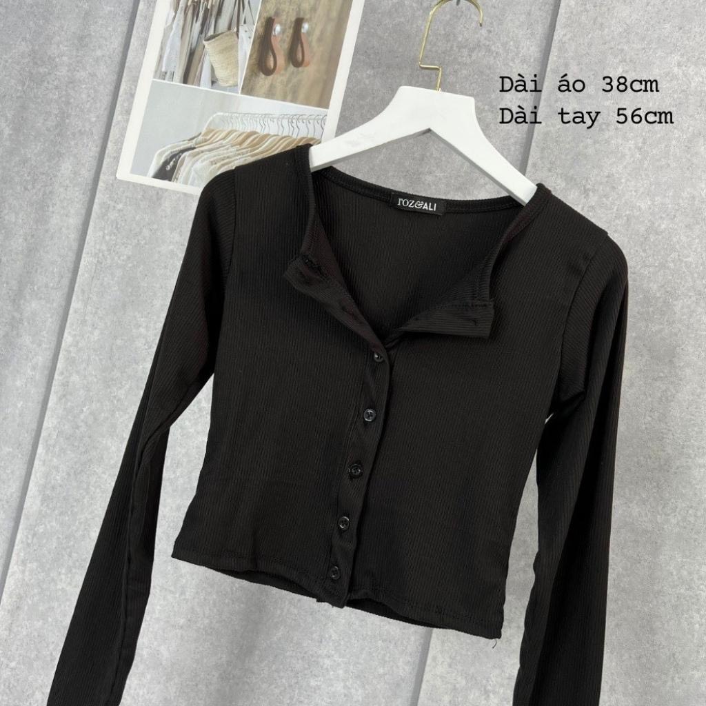 Áo thun croptop nữ tay dài cài nút cổ tròn ôm body đen trắng,áo thun borip nữ dáng croptop TU