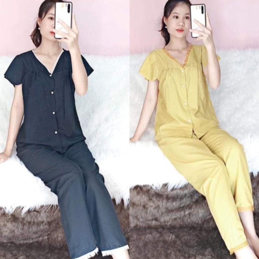 Bộ pijama kate lụa cổ tim phối ren, tay ngắn quần dài