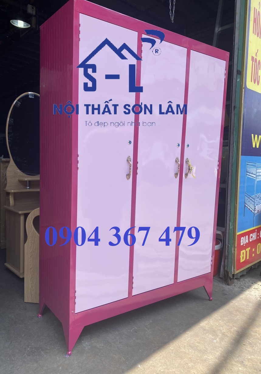Tủ sắt không gương màu hồng 3 cánh lớn
