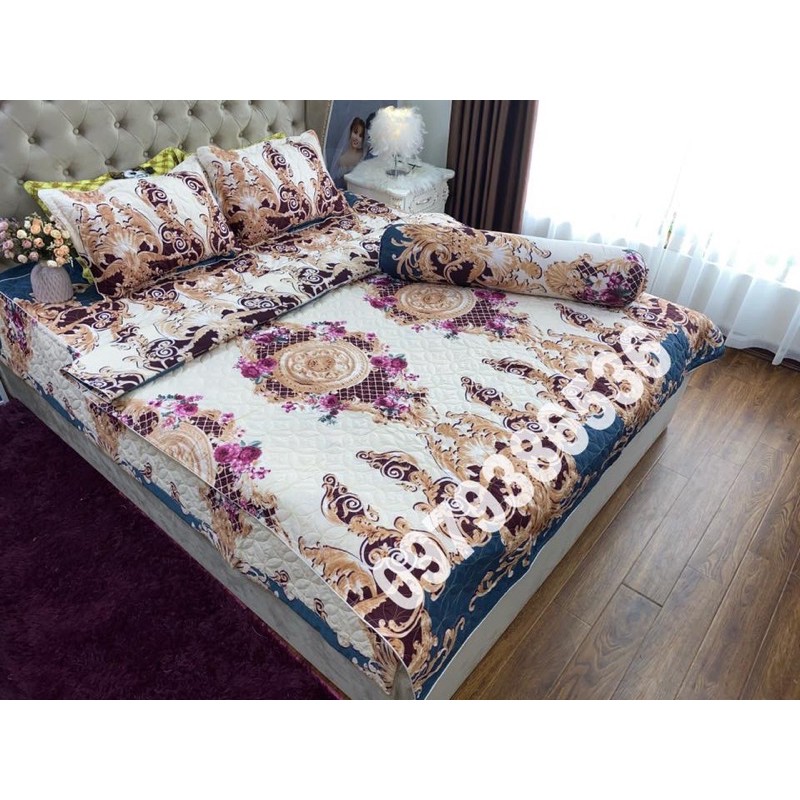 Bộ ga phủ trần bông 5 món cotton poly hoàng gia trắng